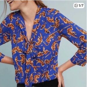 Anthropologie Blue Leopard Print Blouse Size 10